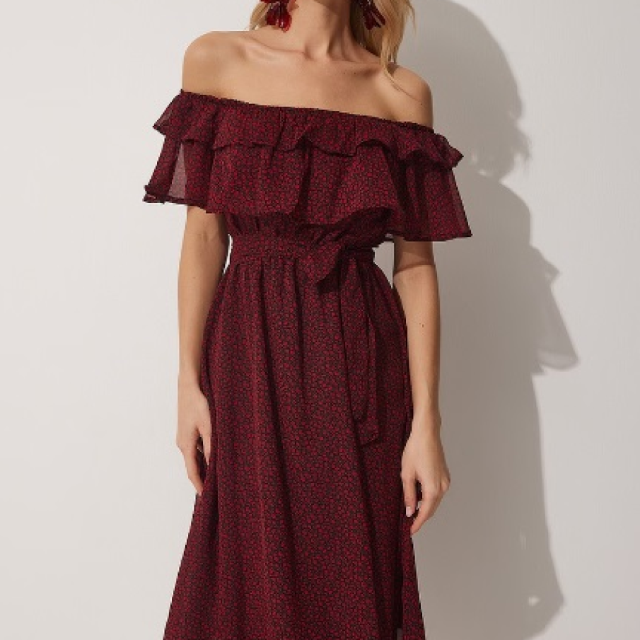 Rochie Happiness İstanbul cu decolteu pe umeri și volane căzute, imprimeu floral minuscul și cordon în talie 