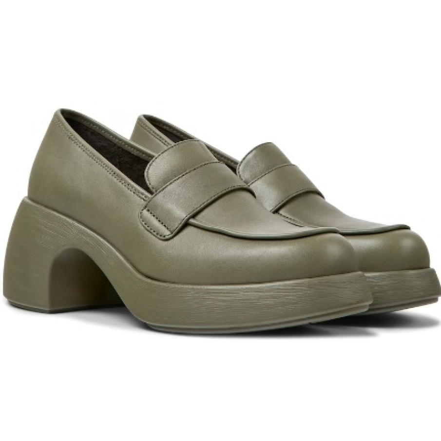 Pantofi loafer Camper, cu toc masiv, din piele naturală, în nuanță de verde măslină 