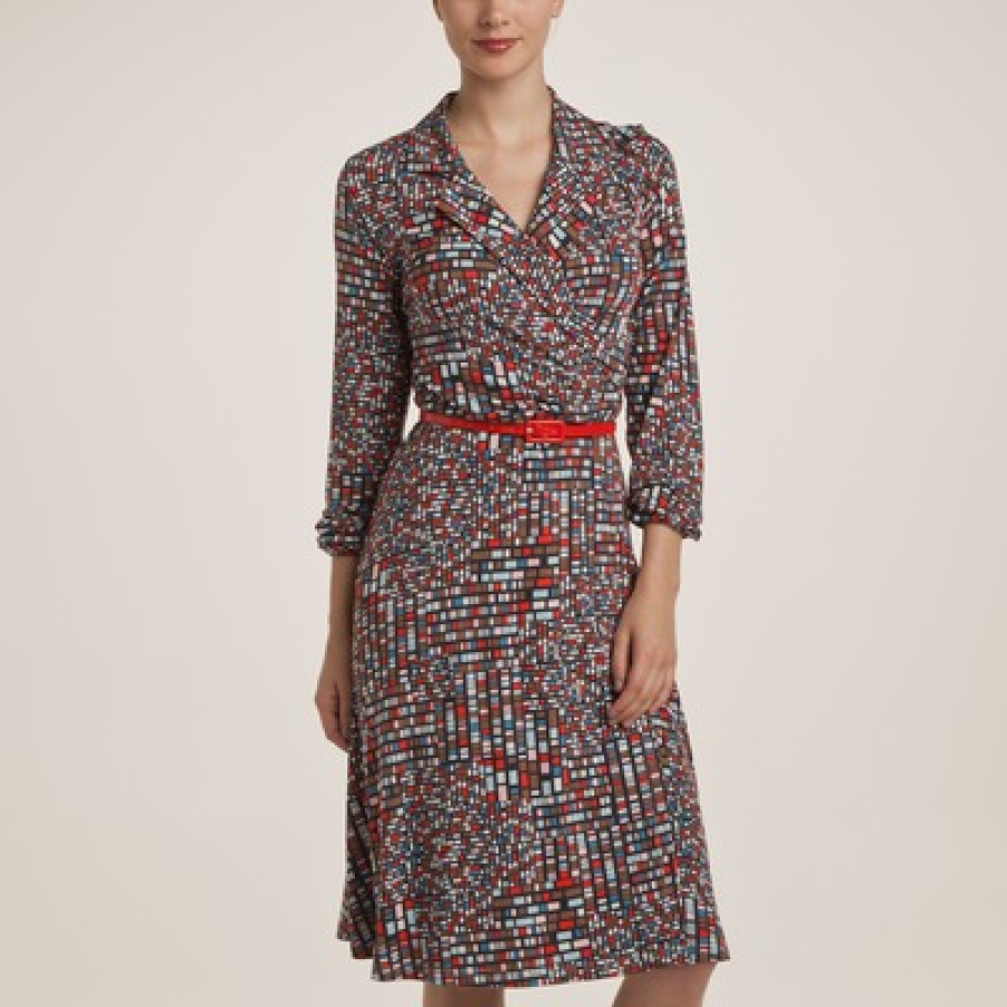 Rochie cu guler taior si imprimeu multicolor