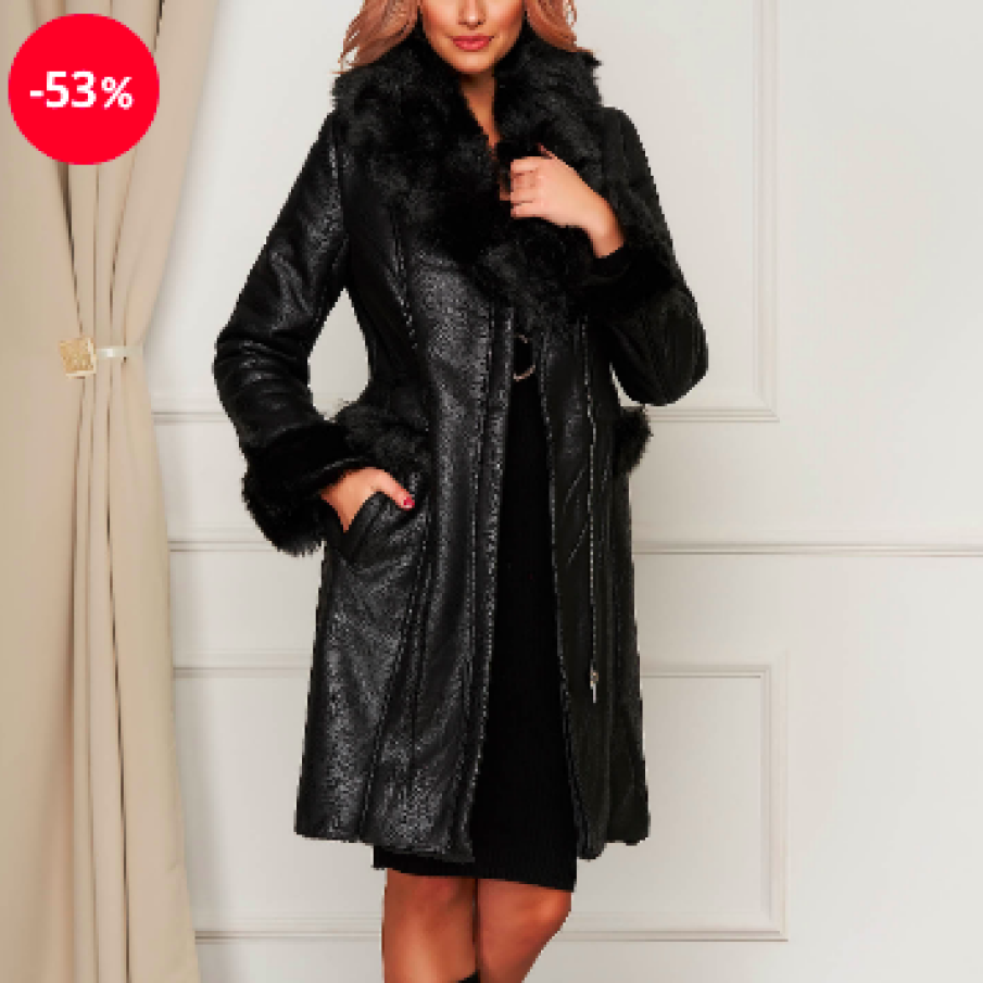 Geacă SunShine din piele ecologică neagră, casual, midi, cu inserții din blană artificială