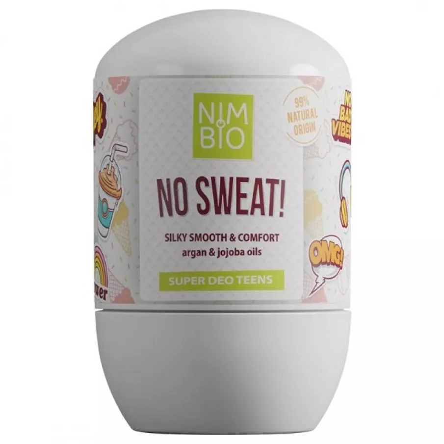 No Sweat deodorant natural pentru adolescente de la Nimbio. Are o formulă 99% naturală, fără aluminiu și parabeni, cu unturi și uleiuri nutritive și o senzație ultra mătăsoasă 