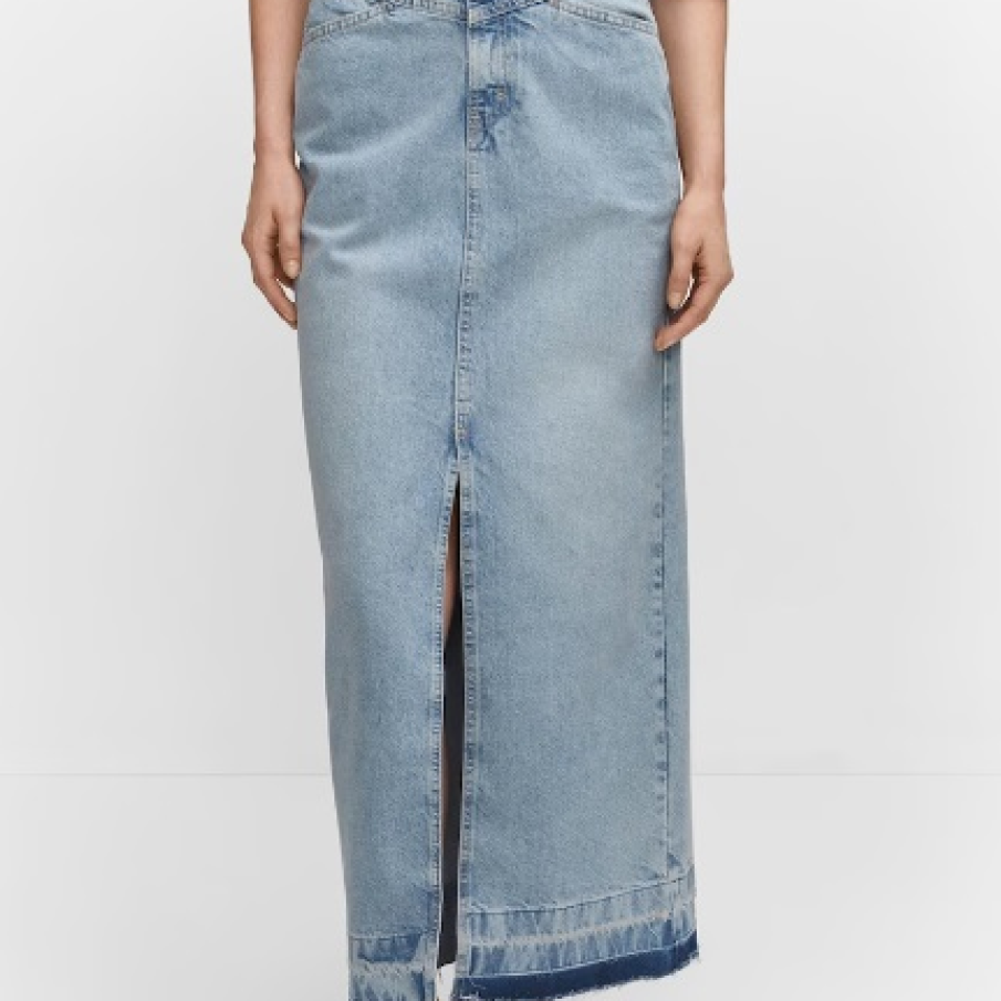 Fustă de denim spălăcit, cu șliț frontal, dreaptă, cu talie înaltă și buzunare doar pe spate 