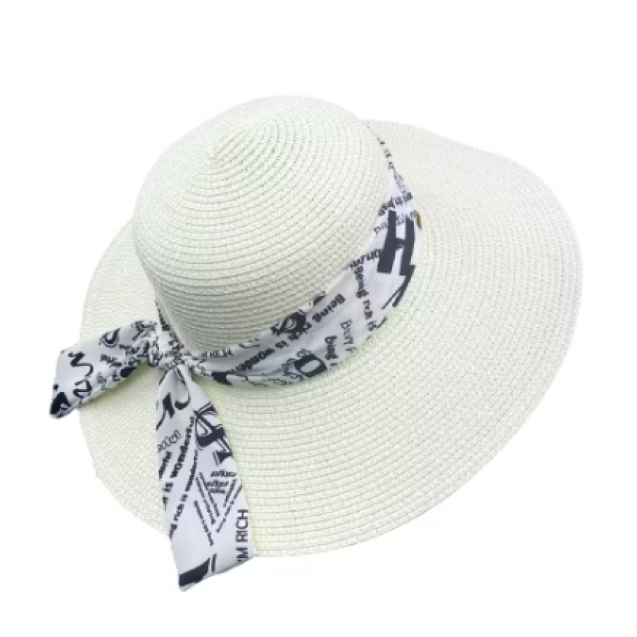 Pălărie de soare damă pentru plajă, bandă alb cu scris