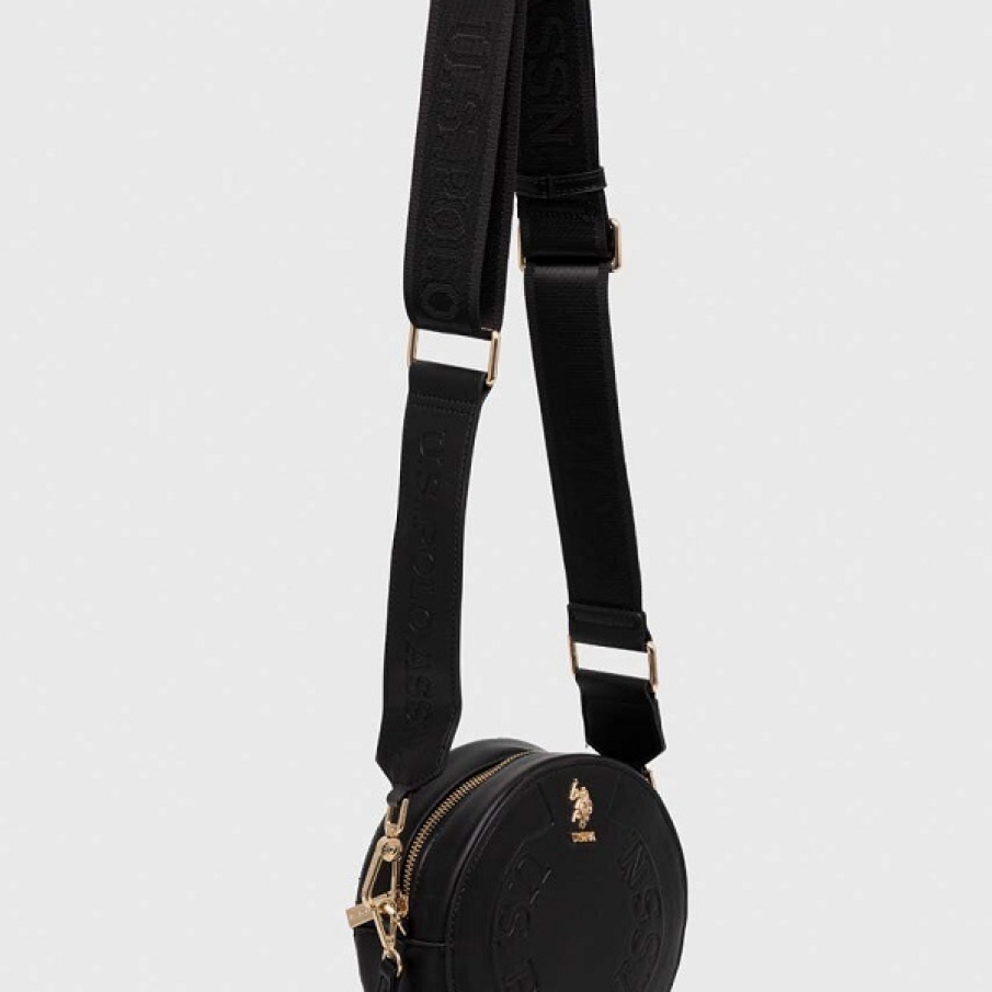 Poșetă rotundă neagră U.S. Polo Assn. cu oglindă mică inclusă și curea atașabilă cu reglare