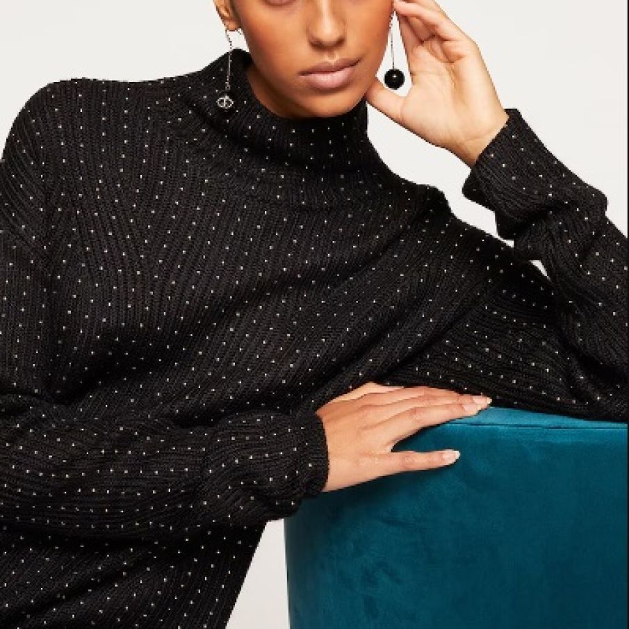 Pulover negru din amestec de lână cu guler înalt și ținte discrete aplicate 