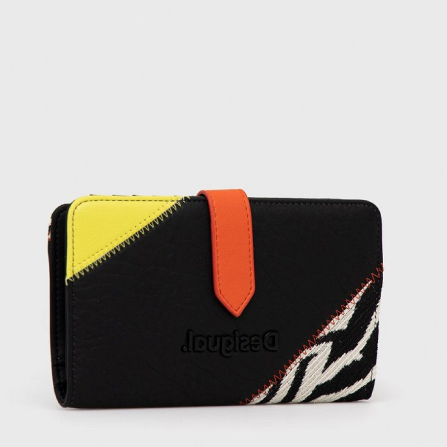 Portofel tip color-block realizat din piele ecologică și material textil 