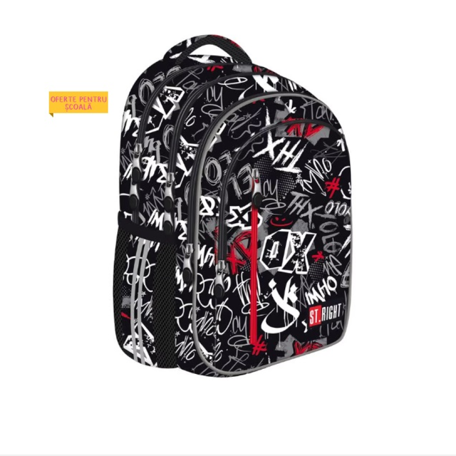 Ghiozdan St.Right cu 4 compartimente și imprimeuri all over tip graffiti 