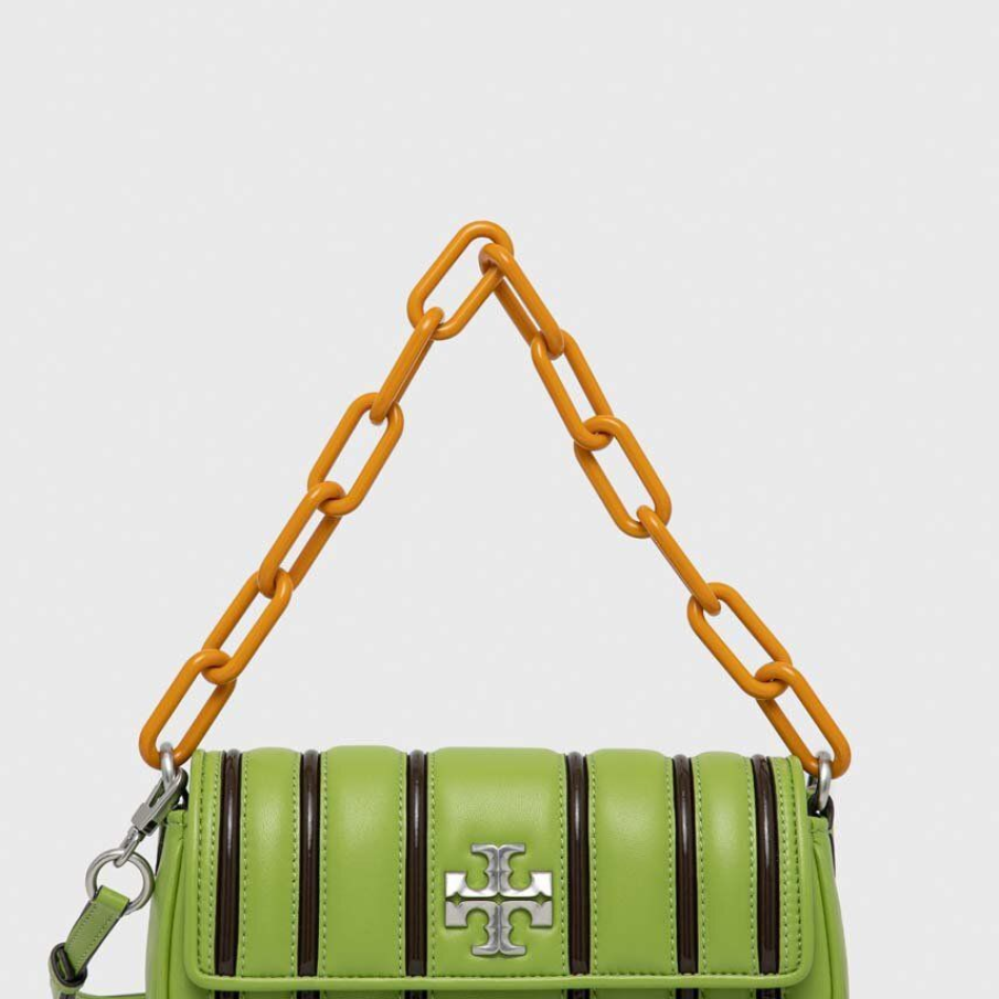 Poșetă verde de piele Tory Burch, cu dungi maro și curea detașabilă, dar și cu mâner galben din zale de plastic