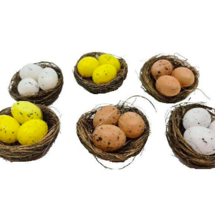 Set 6 cuiburi cu ouă, decorațiune Paște din fire naturale, diametru 5 cm