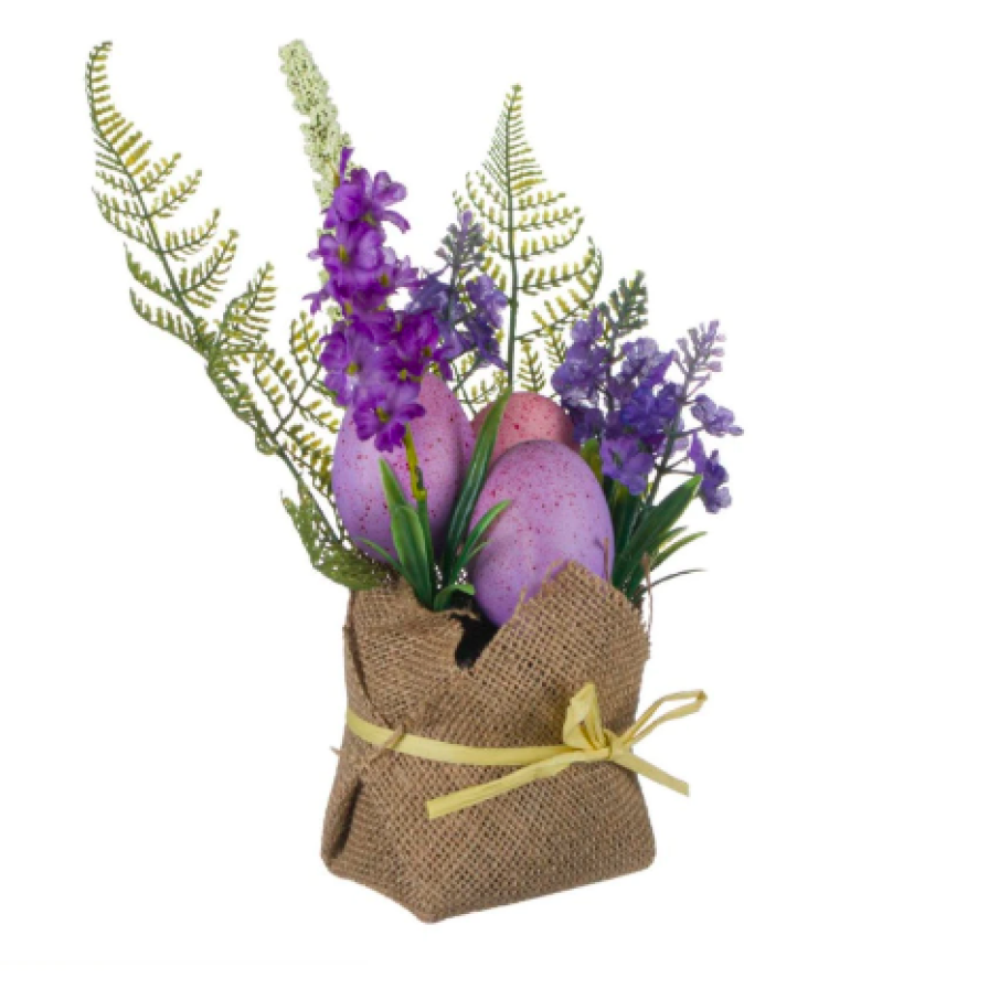 Coșuleț decorativ de Paște, cu ouă și flori, 9x7x26 cm