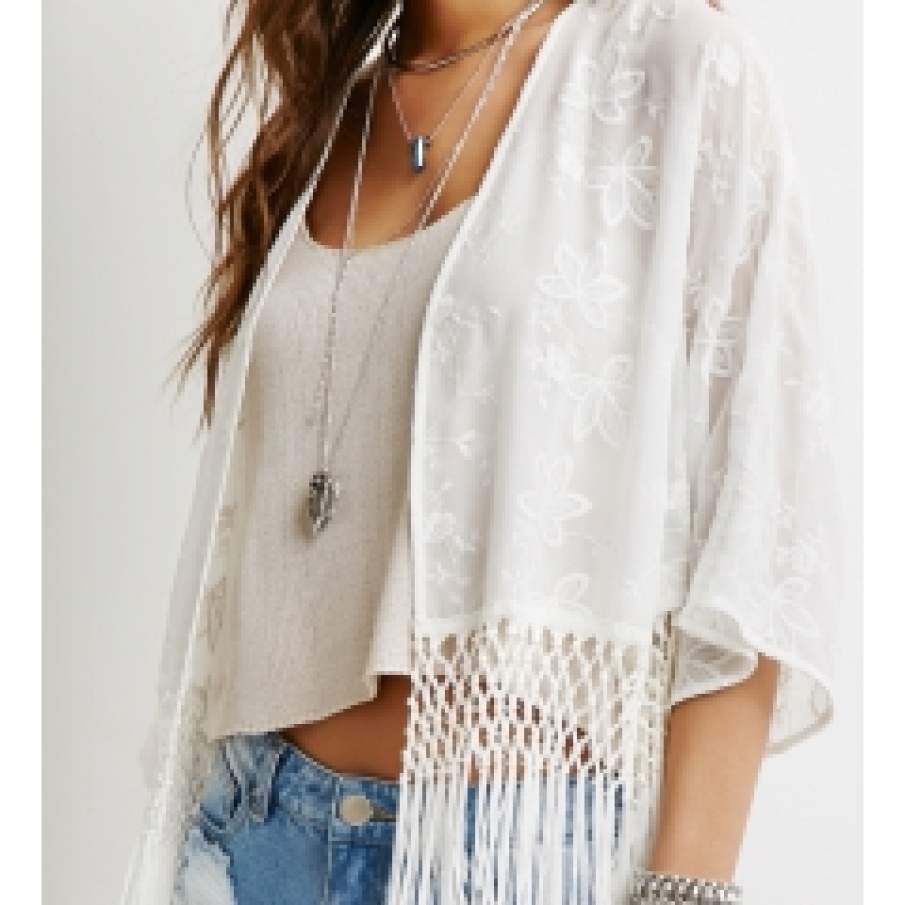 Kimono alb cu franjuri