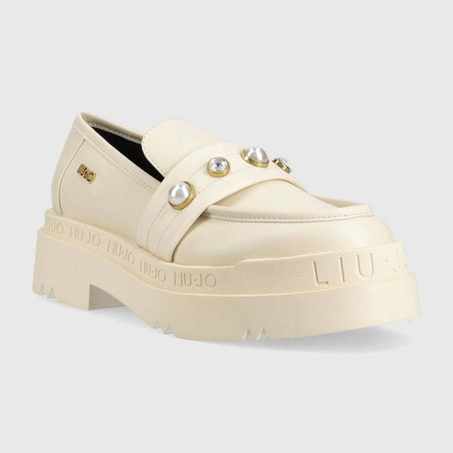 Pantofi loafer albi din colecția Liu Jo, având talpa imprimată cu logo și detalii decorative aplicate tip perle 