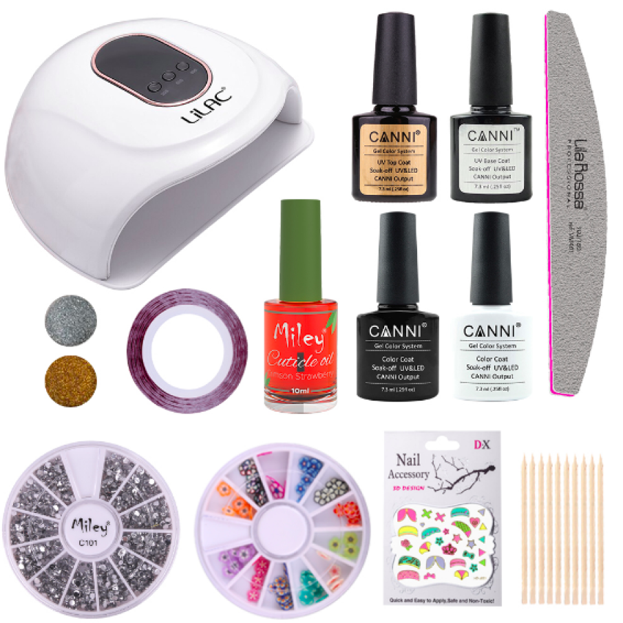 Kit ojă semipermanenta Canni, Black and White, lampă UV Lilac led 90 W, cu 2 oje Canni, bază, top și accesorii