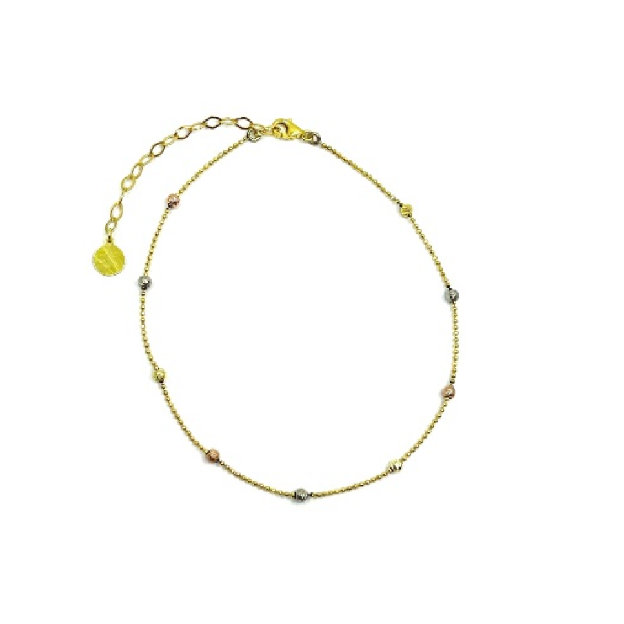 Brățară pentru glezna piciorului din argint 925 gold, decorată cu biluțe argintii, aurii și rose de 3 mm.