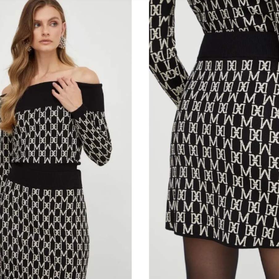 Fustă mini din colecția Marciano Guess, ușor evazata, confecționata din tricot ornamentat cu fir lucios 