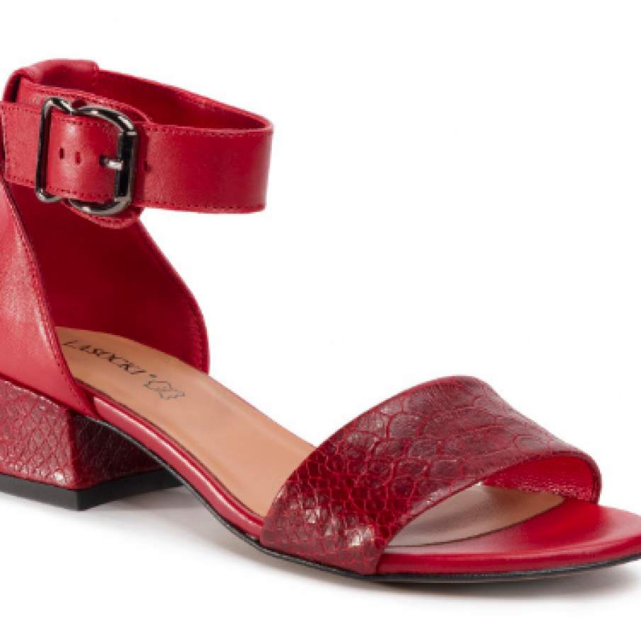 Sandale roșii piele naturală toc mic gros