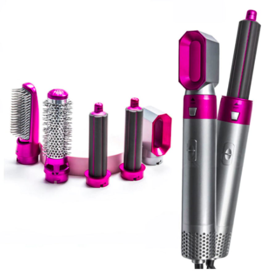 Uscător de Păr Zenino - 5 în 1, Multifuncțional, 5 Accesorii pentru Coafare, Usucă, Îndreaptă și Ondulează Părul, 3 Trepte de Temperatură, Gri/Fuchsia