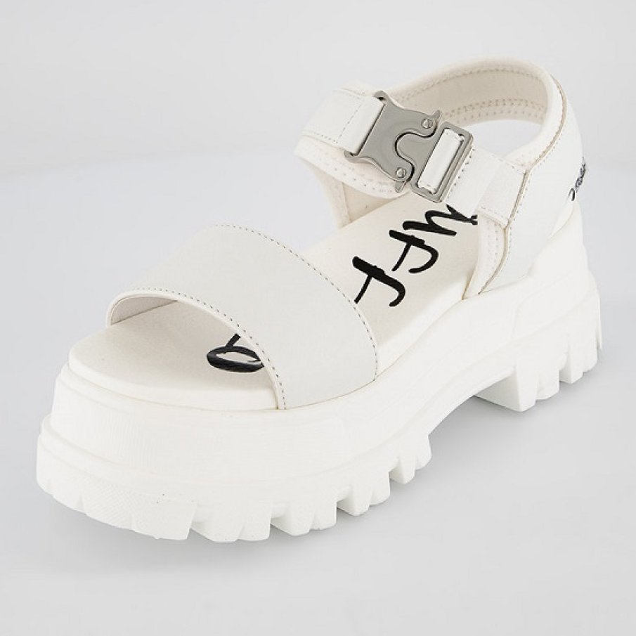 Sandale masive alb optic, din piele ecologică, cu imprimeu grafic pe interiorul talpei. 