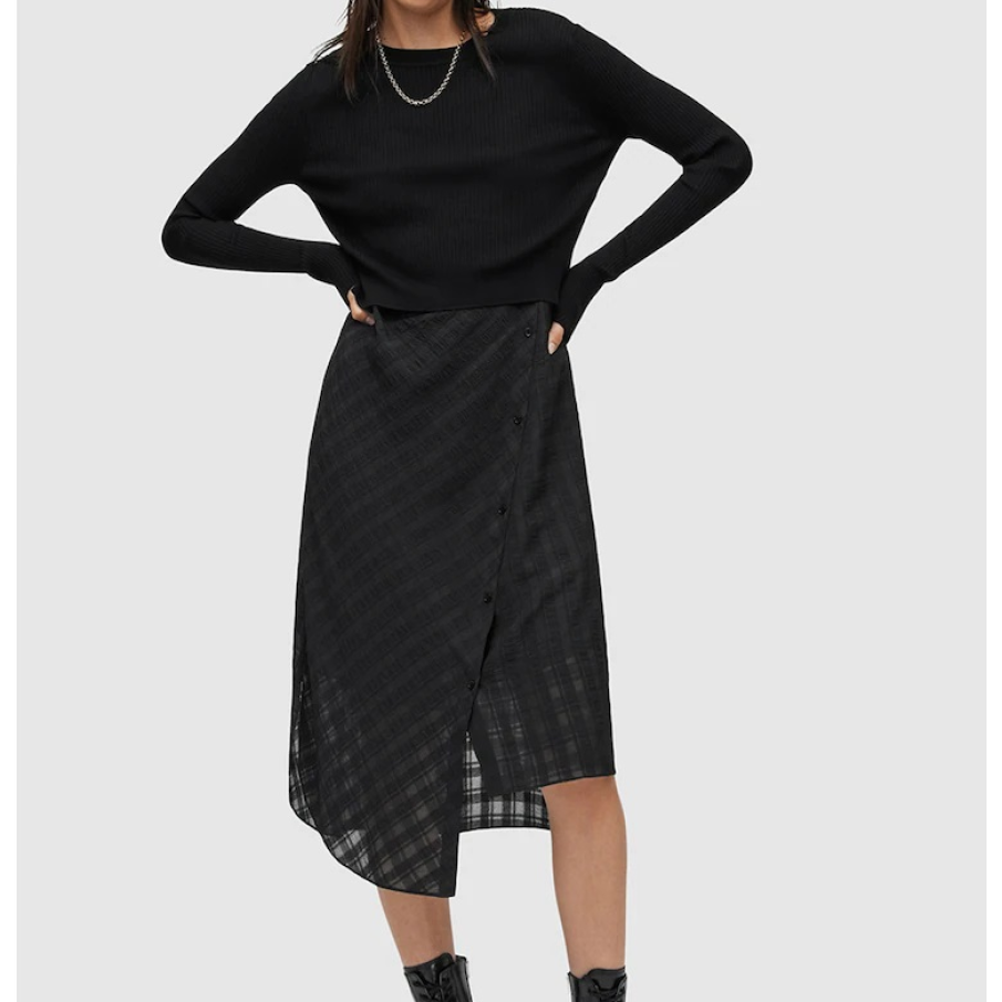 Set de rochie asimetrică, neagră și cu imprimeu în carouri și pulover Agnes