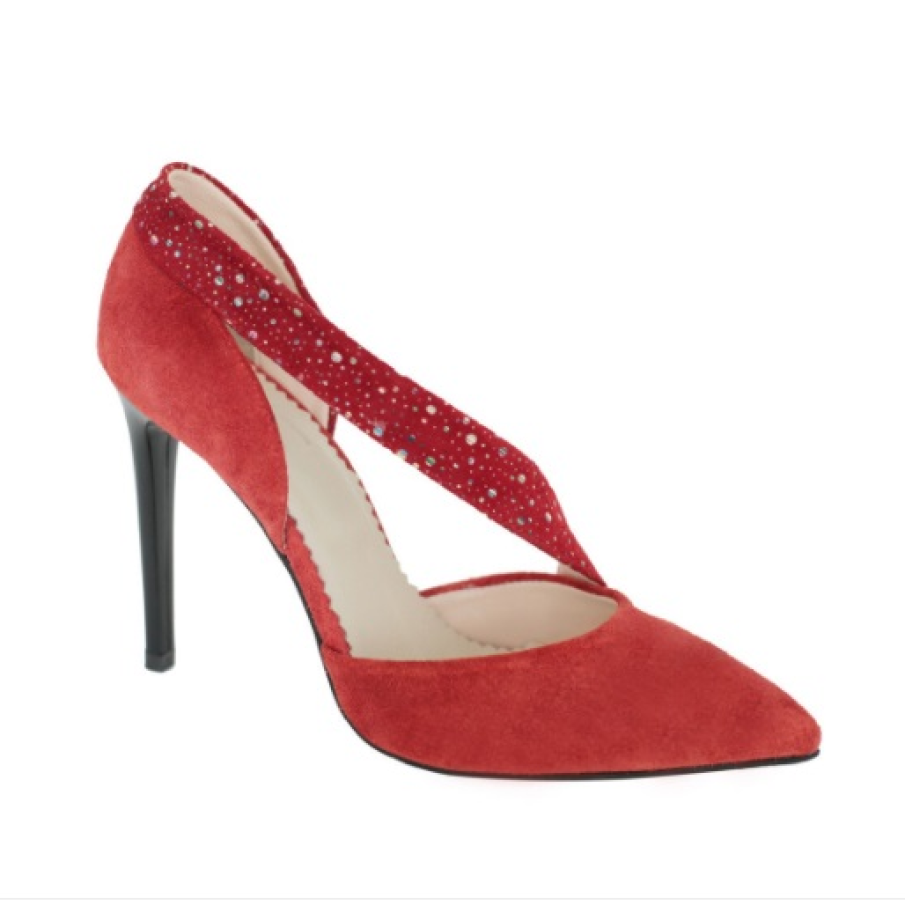 Pantofi Luisa Fiore Neri din piele întoarsă roșie, decorați cu mici și delicate accente metalice. Perechea potrivită pentru o ocazie deosebită!