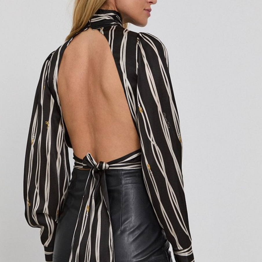 Bluză elegantă Elisabetta Franchi, cu mâneci lungi și imprimeu în dungi, cu spatele complet gol și guler pe gât