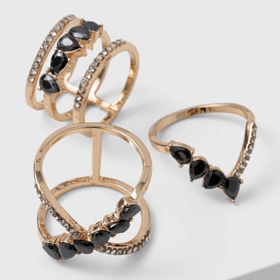 Set de 3 inele din colecția Aldo TETONIA 3-pack, din metal, decorate cu pietre negre proeminente și transparente mini 