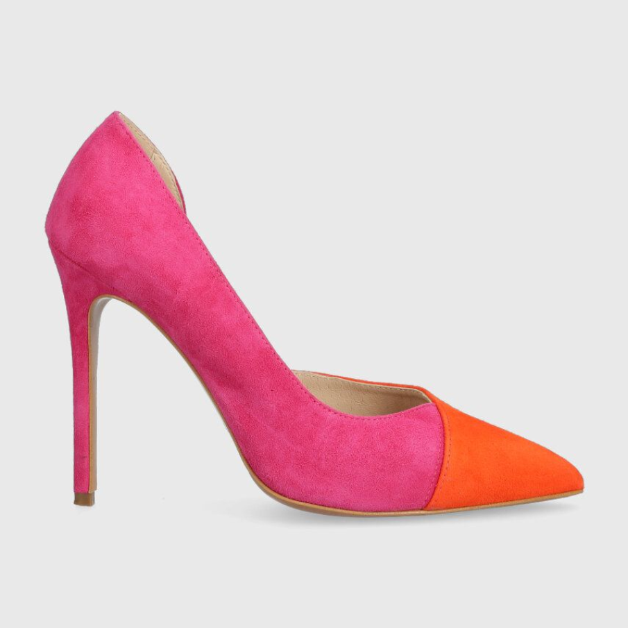 Pantofi cu toc subțire și vârf ascuțit din colecția Baldowski, din piele întoarsă, în 2 nuanțe: roz și portocaliu 