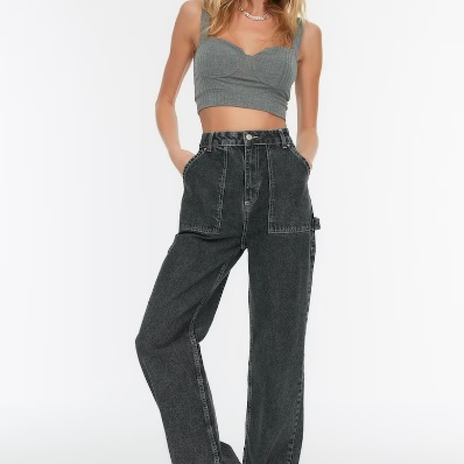 Blugi negri ampli Trendyol, cu talie înaltă, și buzunare ample, decorative 