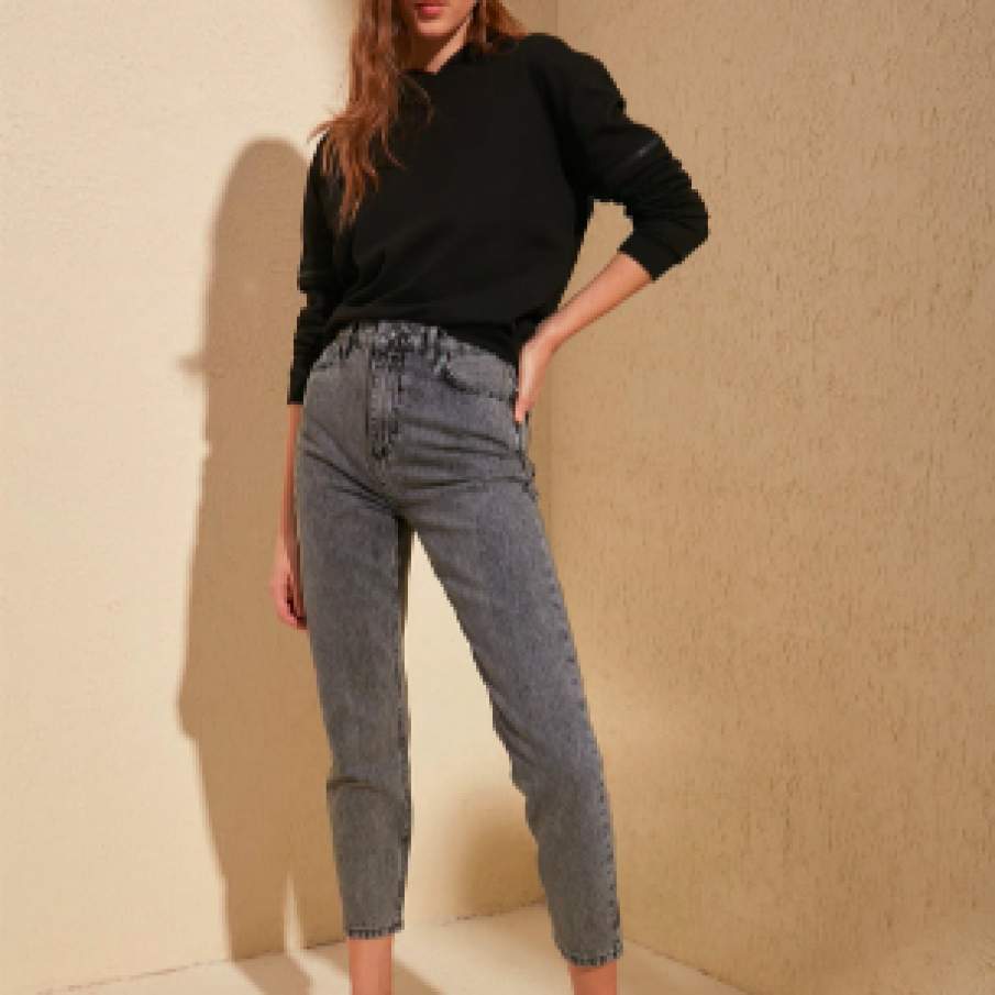Trendyol, Blugi crop mom fit, Gri antracit