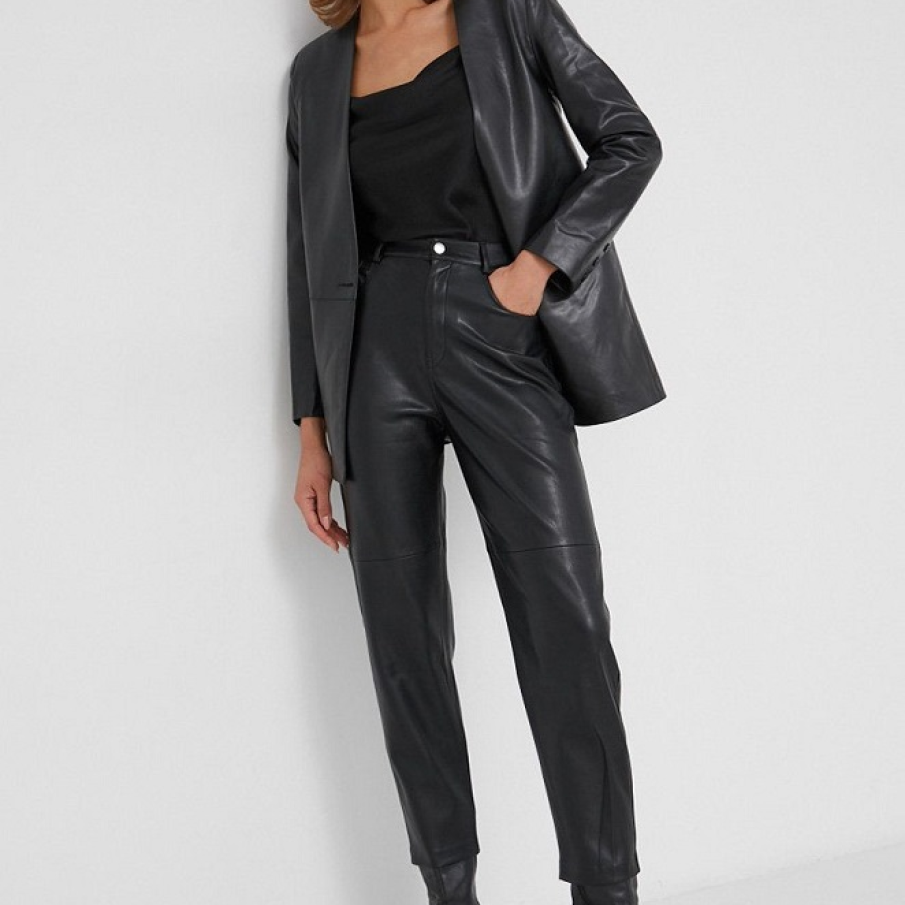 Pantaloni din piele ecologică high-waist tip țigaretă 