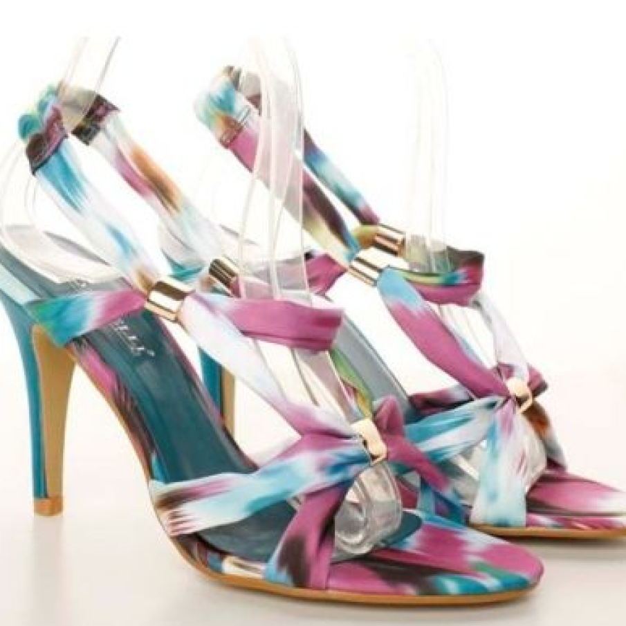 Sandale multicolore textile cu toc Flower-Power blue