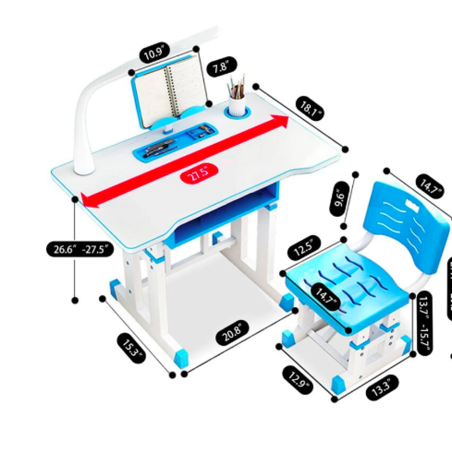 Set birou 70x49x70 cm și scăunel 37x 31x 70 cm, pentru copii cu lampă LED, înălțime reglabilă, Jolly Kids™ KT044 Albastru