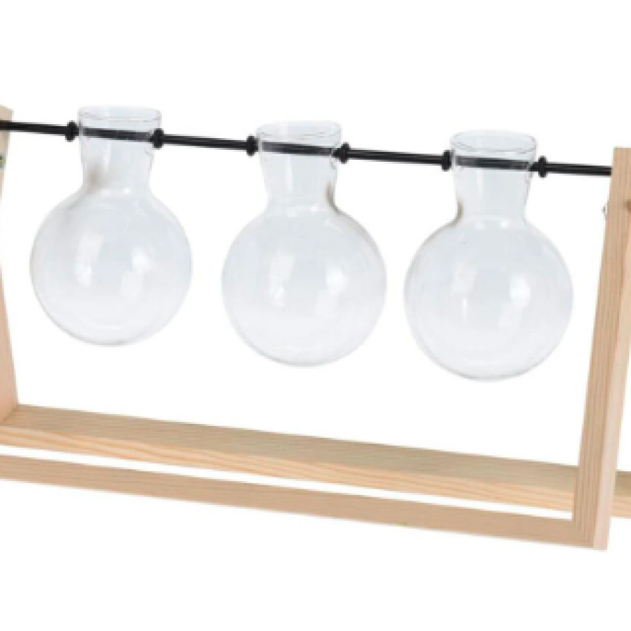 Set 3 vaze decorative, Design minimalist, Lemn/Sticlă, 30 x 7 x 14.5 cm, Crem