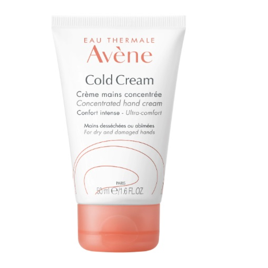 Crema de mâini concentrată Avene Cold Cream. Are o formulă special concepută pentru a hrăni și proteja pielea mâinilor și conține apă termala Avene, ceară de albine  și ulei de parafină