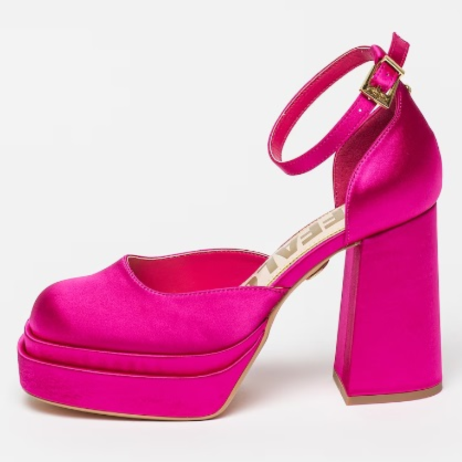 Pantofi roz fucsia cu platformă înaltă și toc stabil înalt, by Buffalo, confecționați din satin 