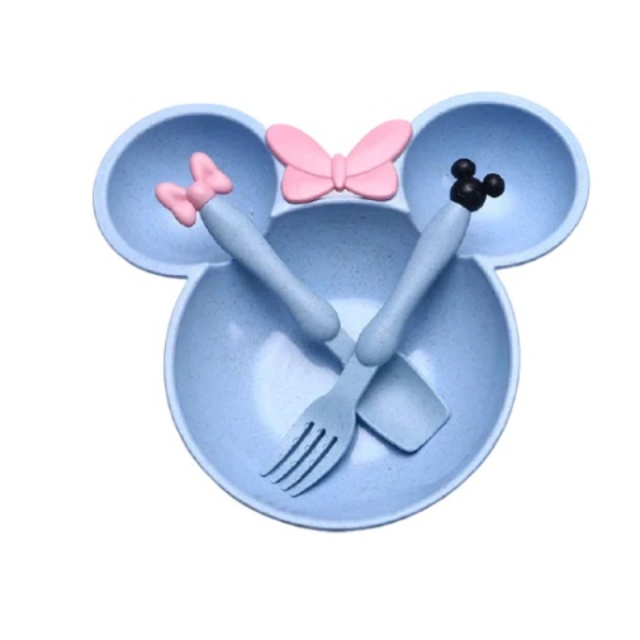 Set veselă copii din paie de grâu, model Minnie , 100% ECO ce conține 1 Farfurie, 1 Linguriță, 1 Furculiță