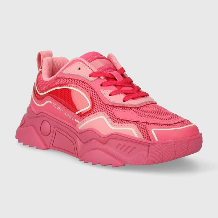 Sneakers de tip chunky runner, în nuanță de roz, cu detalii roșii, confecționați din material textil și piele naturală 