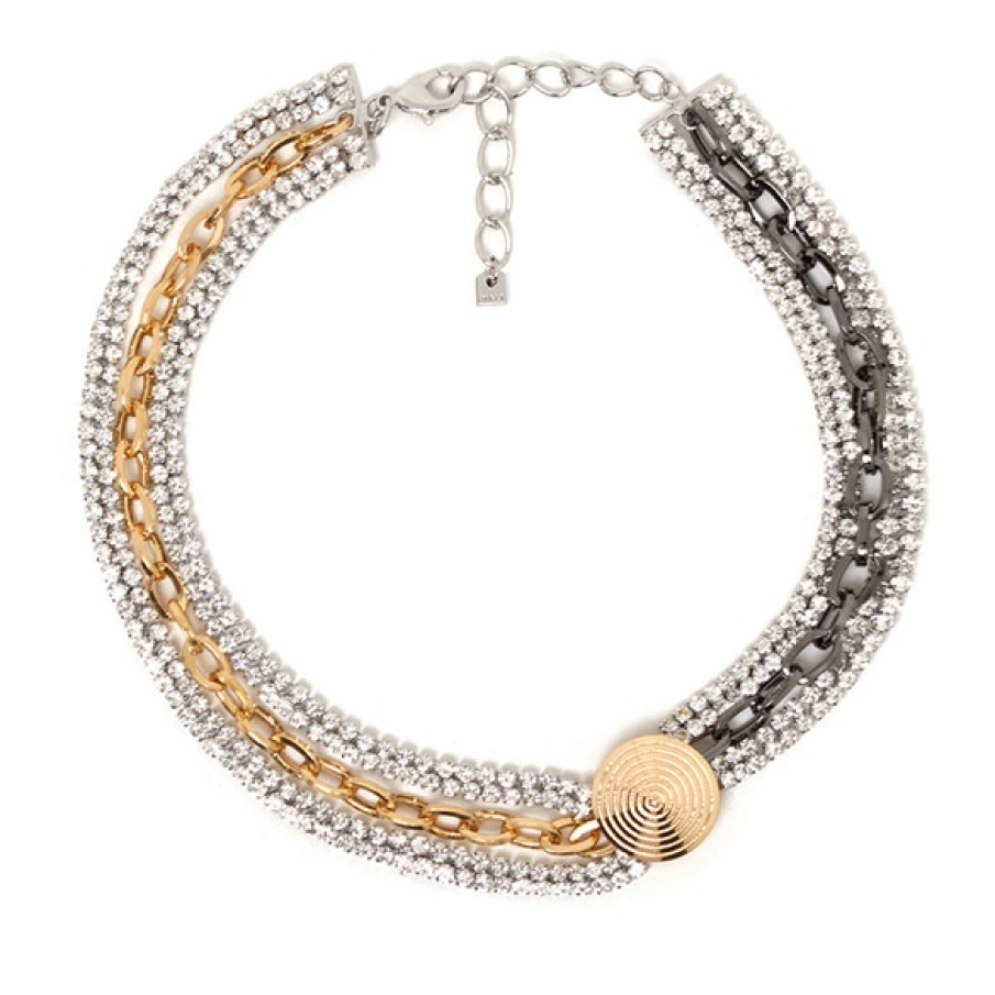 Colier scurt cu cristale cu detalii metalice aurii și negre tip lanț