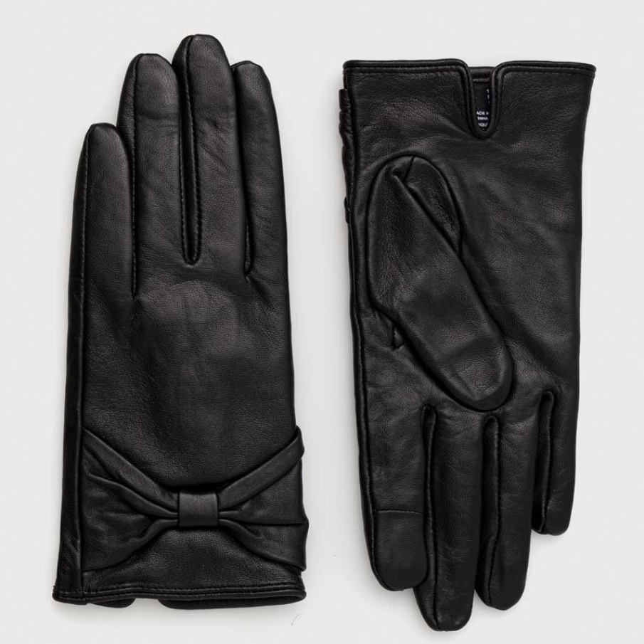 Mănuși de piele Pieces, din piele naturală, cu fundă la baza încheieturii mâinii și căptușeală din poliester