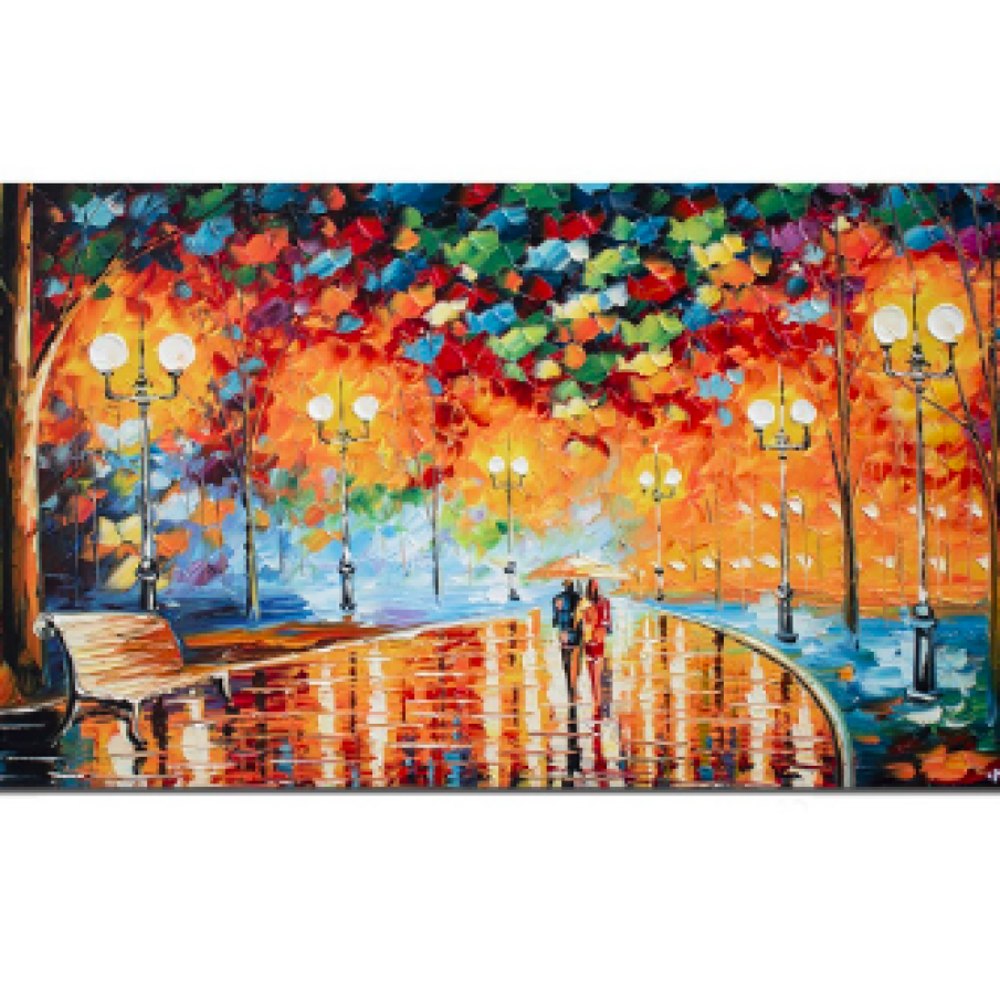 Tablou pictat manual, Artnova, Seară romantică, la lumina felinarelor, pictură 120x60cm ulei pe pânză în cuțit efect 3D