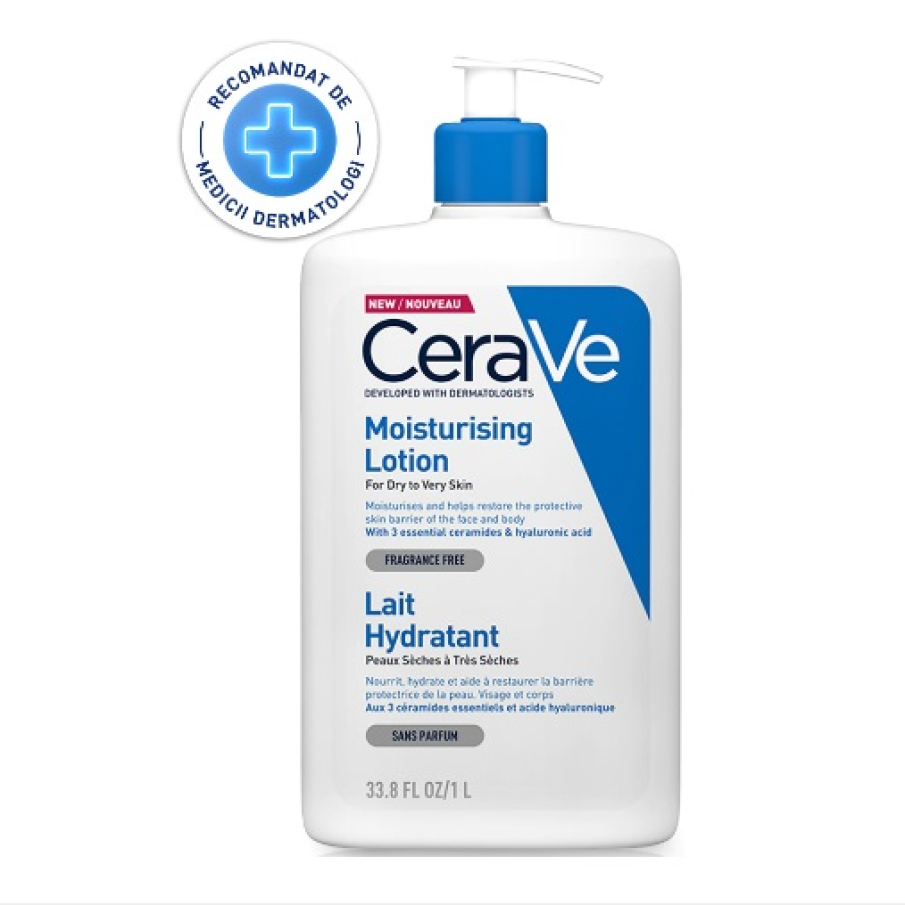 Lotiunea hidratantă pentru față și corp CeraVe pentru piele uscată și foarte uscată are o formulă lejeră, unică, care ajută la repararea barierei cutanate.