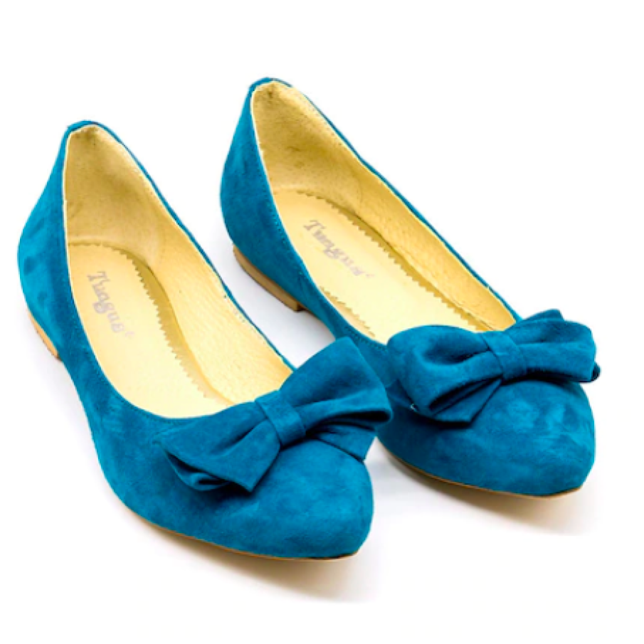 Balerini din piele naturală velur turquoise cu fundiță