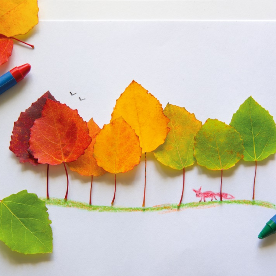 Desen pentru copii realizat din creion și frunze 