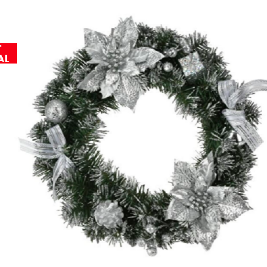 Coroană Crăciun Koopman, plastic, 39 x 10.5 x 39 cm, Argintiu