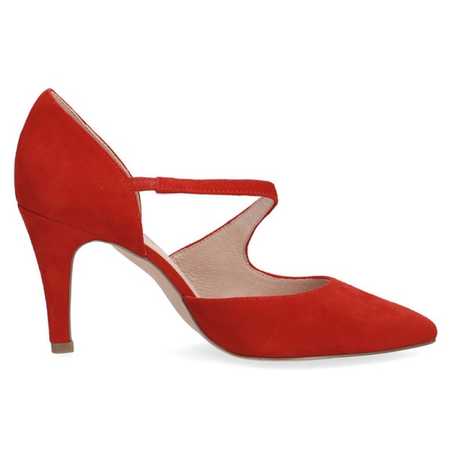 Pantofi Caprice casual elegant cu decupaje, din piele întoarsă roșie, care îmbracă frumos piciorul 