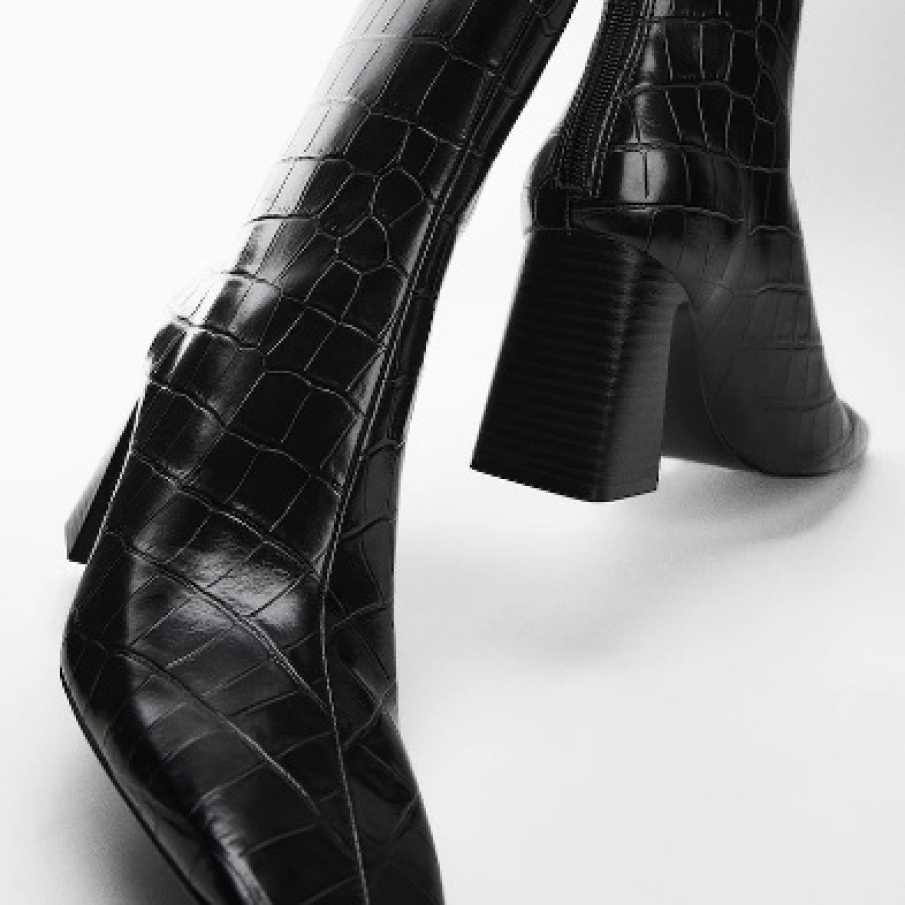 Botine Mango din piele ecologică, cu aspect de piele de crocodil, vârf pătrățos și toc înalt 