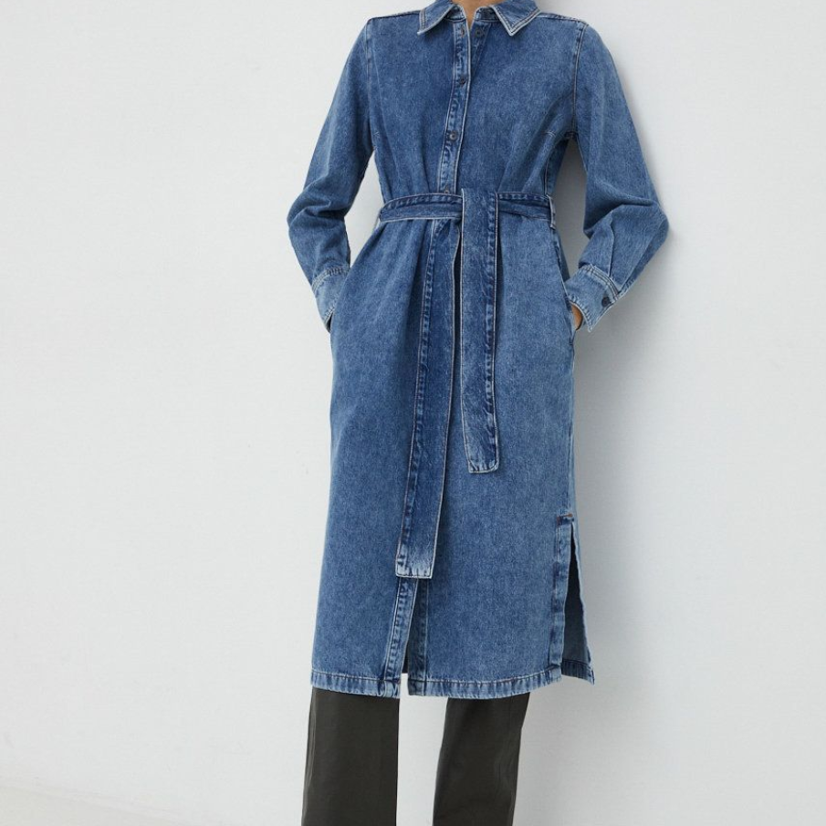 Rochie midi din denim spălăcit, de la Drykorn, cu tăieturi pe lateral și cordon în talie 
