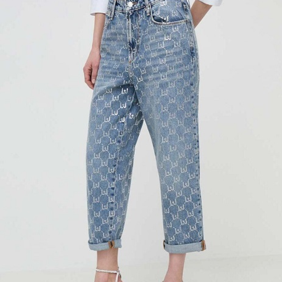 Jeanși din colecția Liu Jo cu fason relaxed și talie înaltă, cu aspect spălăcit, decorați cu ștrasuri 