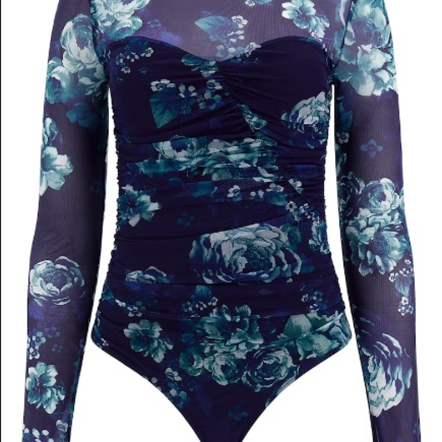 Body albastru marin by GUESS JEANS cu mâneci lungi și imprimeu floral 