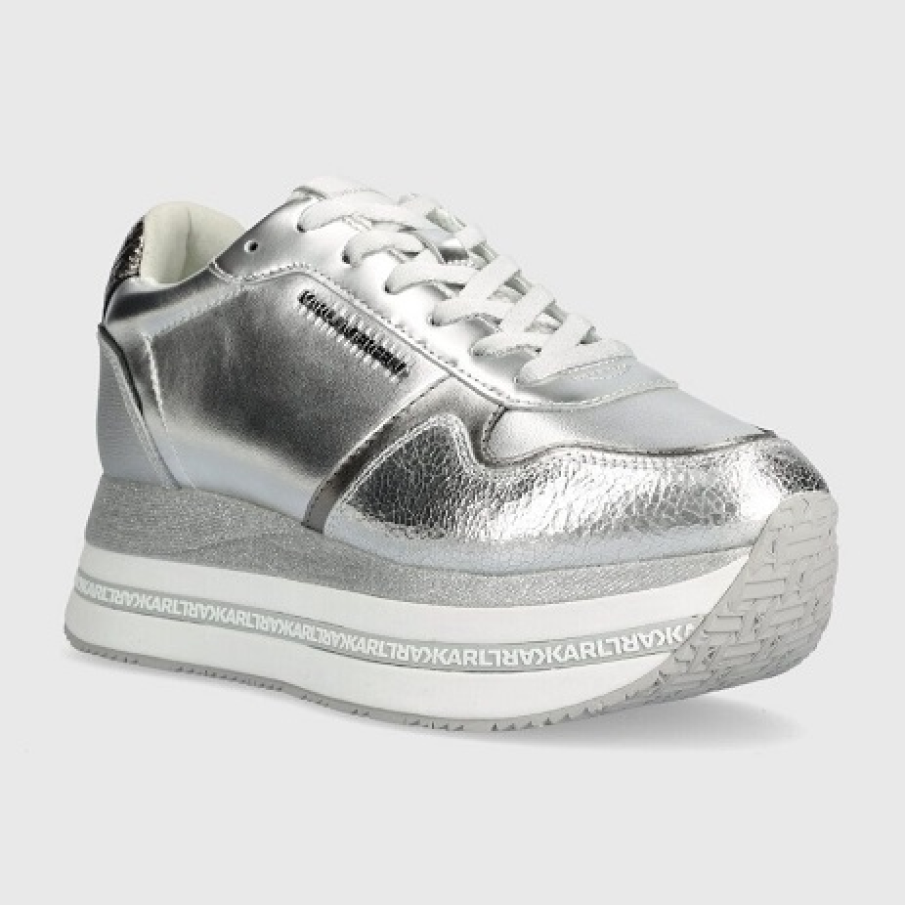 Sneakers argintii din colecția Karl Lagerfeld confecționati din piele naturală, cu platformă